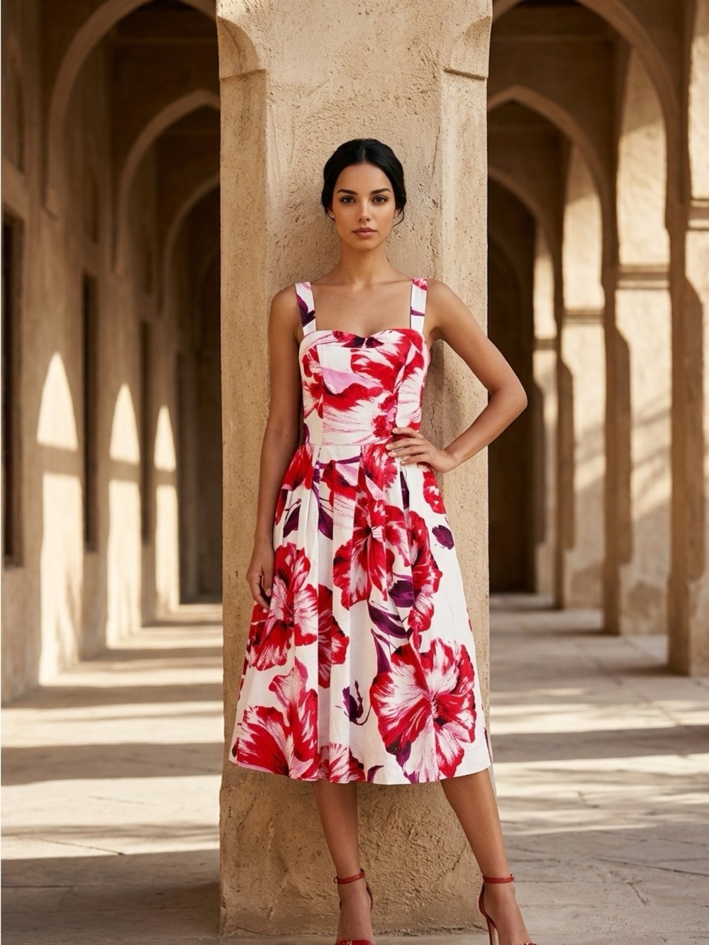 Sleeveless Red Floral Midi Dress with Square Neck
